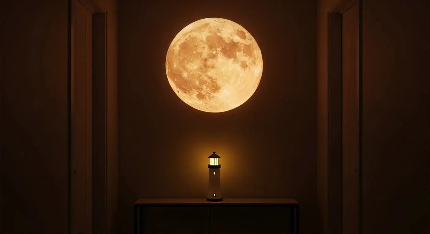 LunaBeacon lighthouse night light projecting a floating moon.
