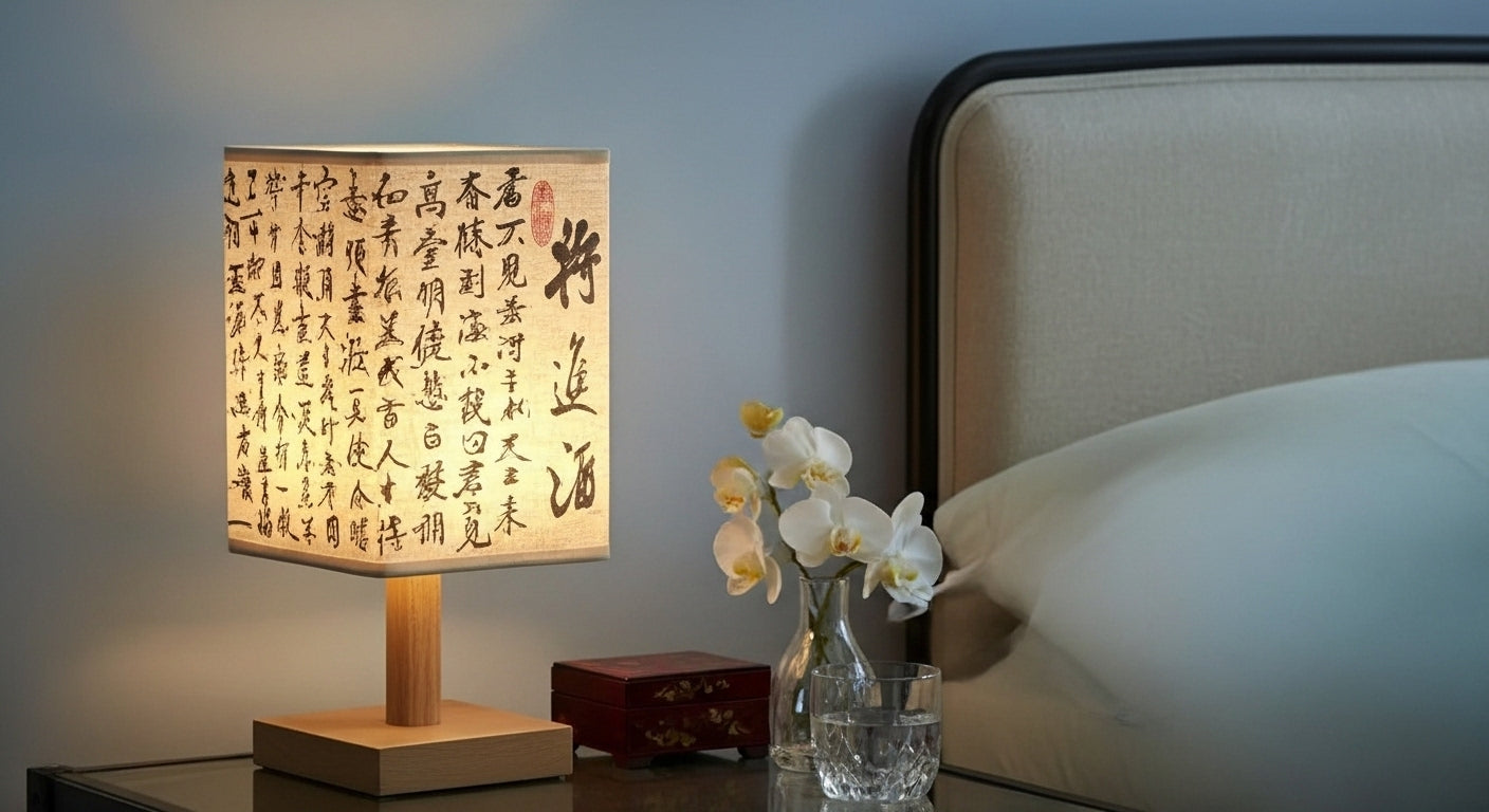 SereneScape 'Sakura Bloom' table lamp on a minimalist bedside table, casting a cozy, dimmable warm light in a modern bedroom. VelunaLumin.