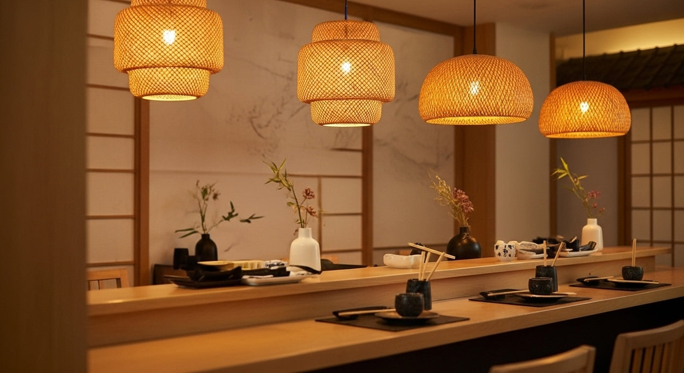 Three ZenWeave 'Tiered Serenity' bamboo pendants hanging over a modern sushi bar, casting a warm, inviting light and creating an authentic, serene oriental atmosphere. VelunaLumin.