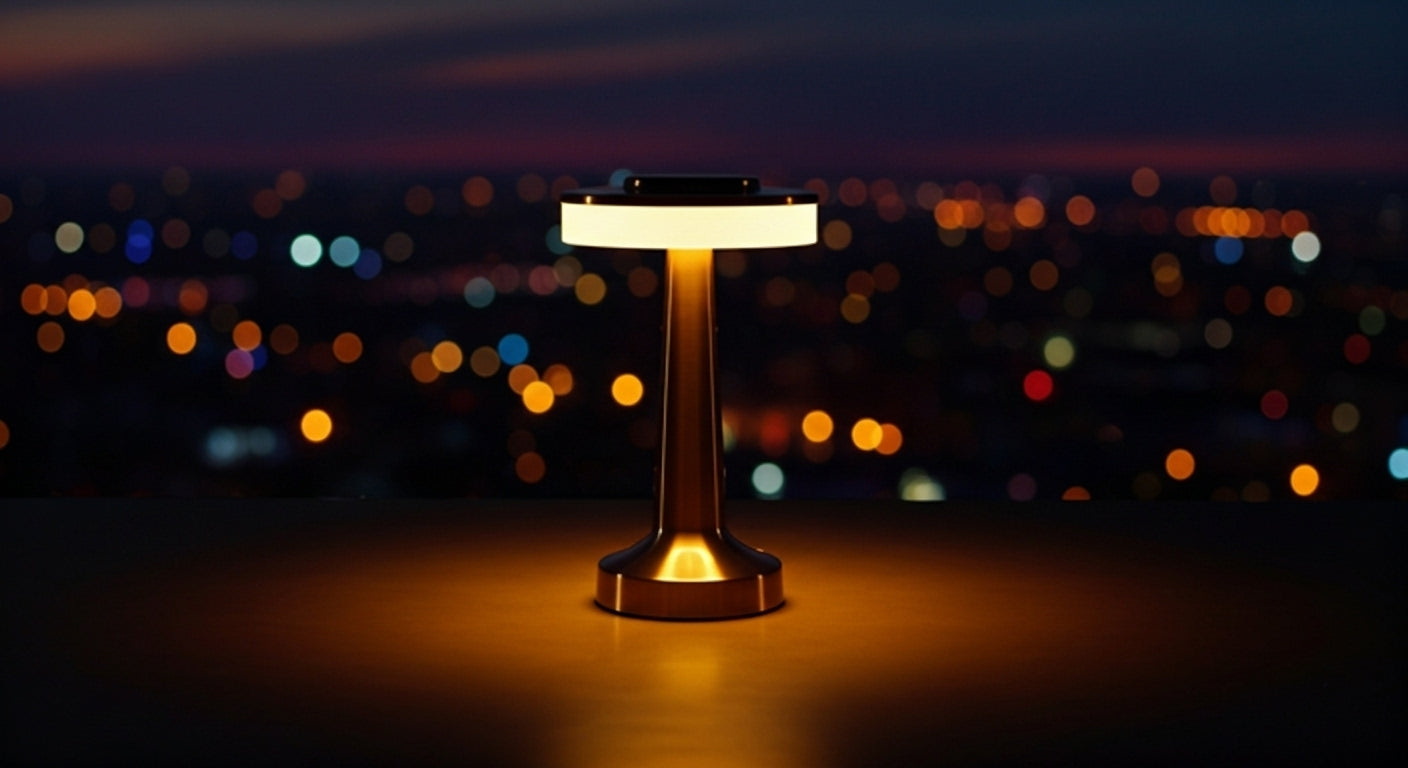 AuraGlow Cordless Touch Lamp in Gold finish, dimmable with 3 colour modes. VelunaLumin.