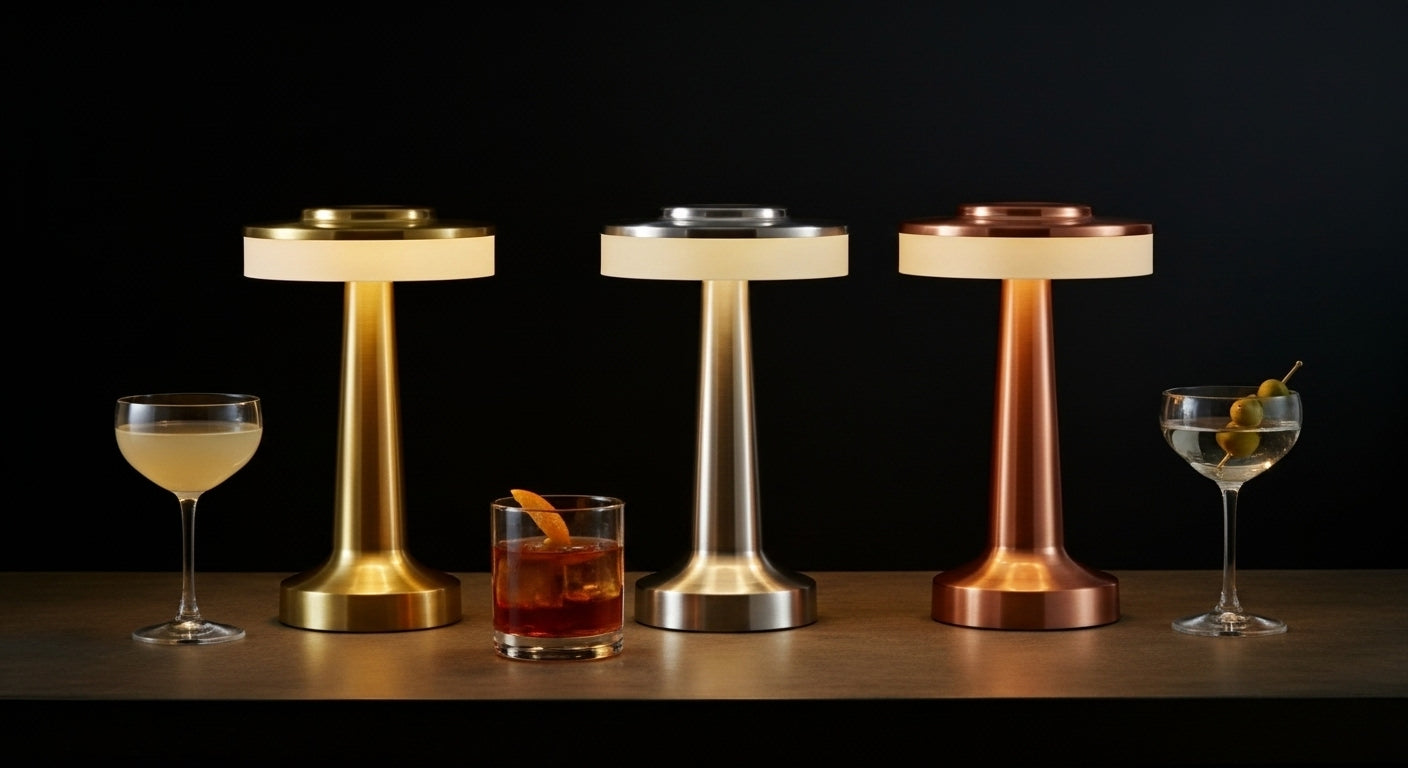 AuraGlow Cordless Touch Lamp in finish, dimmable with 3 colour modes. VelunaLumin.