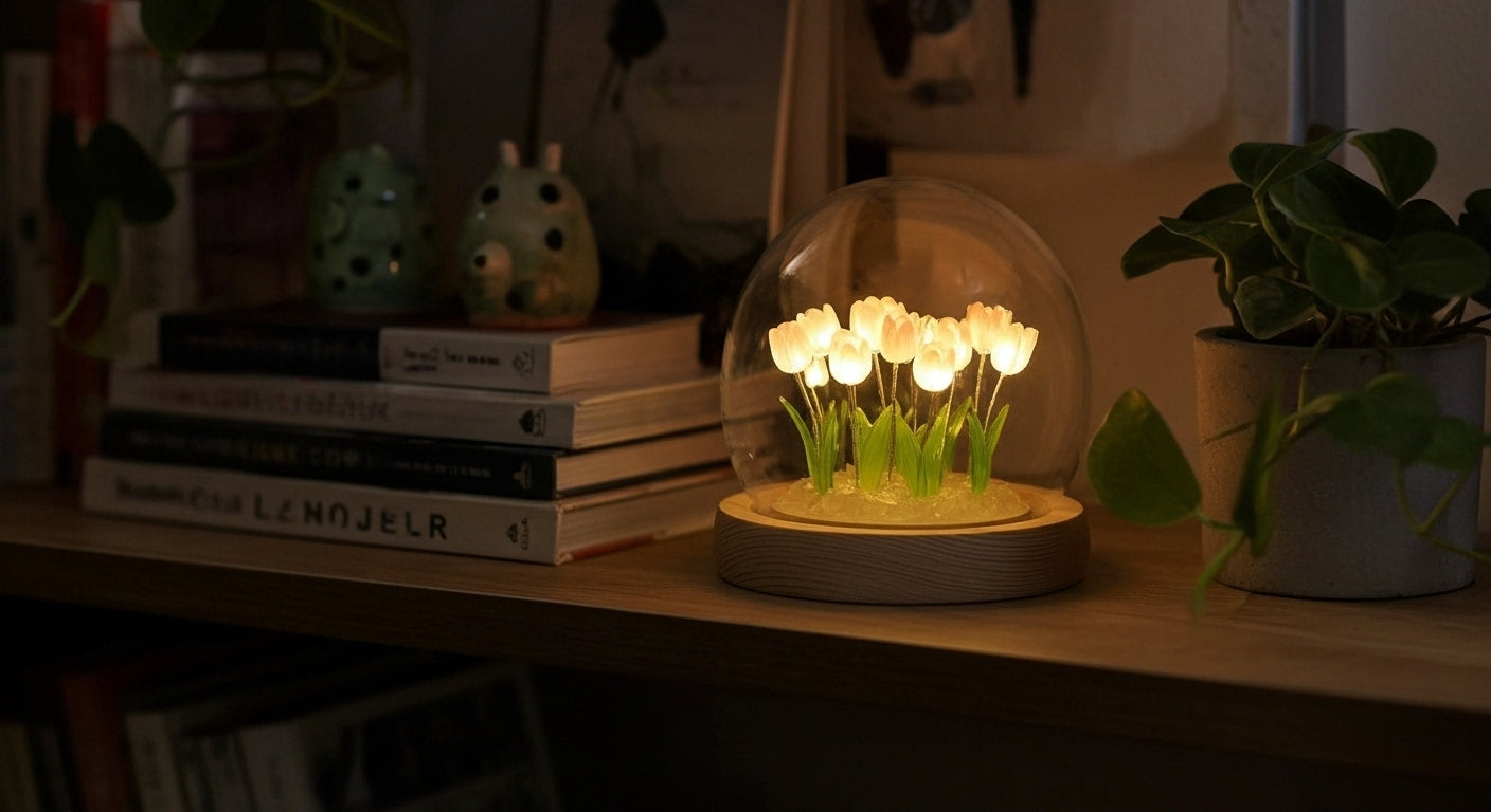 Bloom handmade DIY tulip night light in a glass dome.