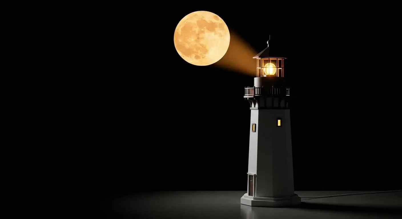 LunaBeacon lighthouse night light projecting a floating moon.