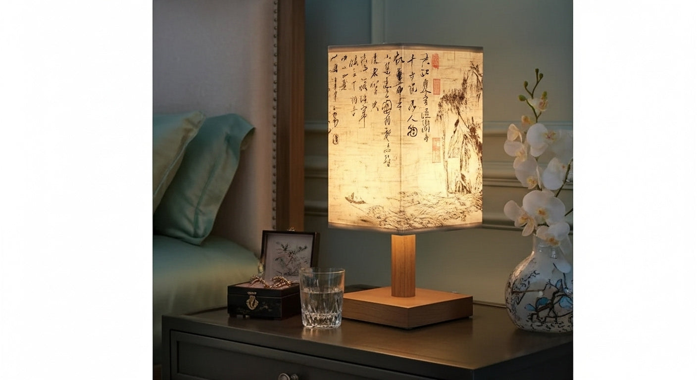 SereneScape 'Sakura Bloom' table lamp on a minimalist bedside table, casting a cozy, dimmable warm light in a modern bedroom. VelunaLumin.