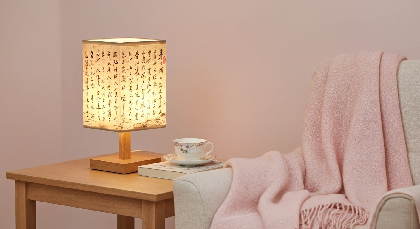 SereneScape 'Sakura Bloom' table lamp on a minimalist bedside table, casting a cozy, dimmable warm light in a modern bedroom. VelunaLumin.