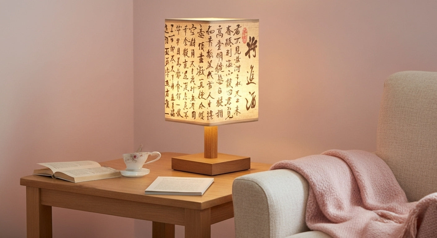 SereneScape 'Sakura Bloom' table lamp on a minimalist bedside table, casting a cozy, dimmable warm light in a modern bedroom. VelunaLumin.
