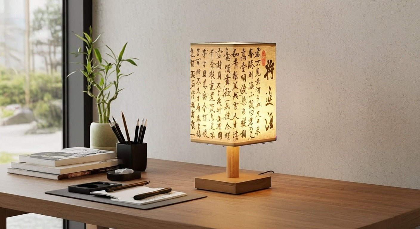 Close-up of the SereneScape Artisan Table Lamp's solid wood base and oriental art linen shade, showcasing its handcrafted quality. VelunaLumin.