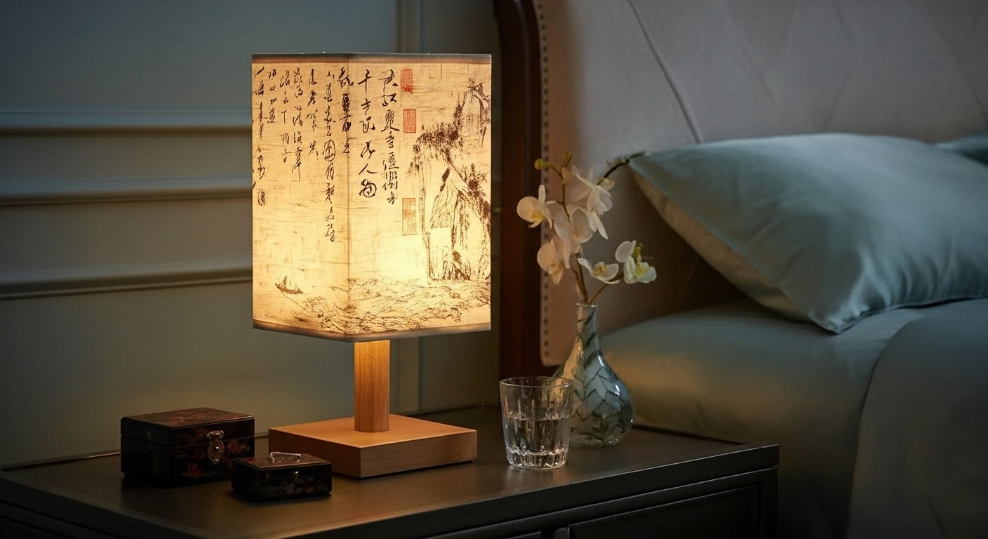 SereneScape 'Sakura Bloom' table lamp on a minimalist bedside table, casting a cozy, dimmable warm light in a modern bedroom. VelunaLumin.