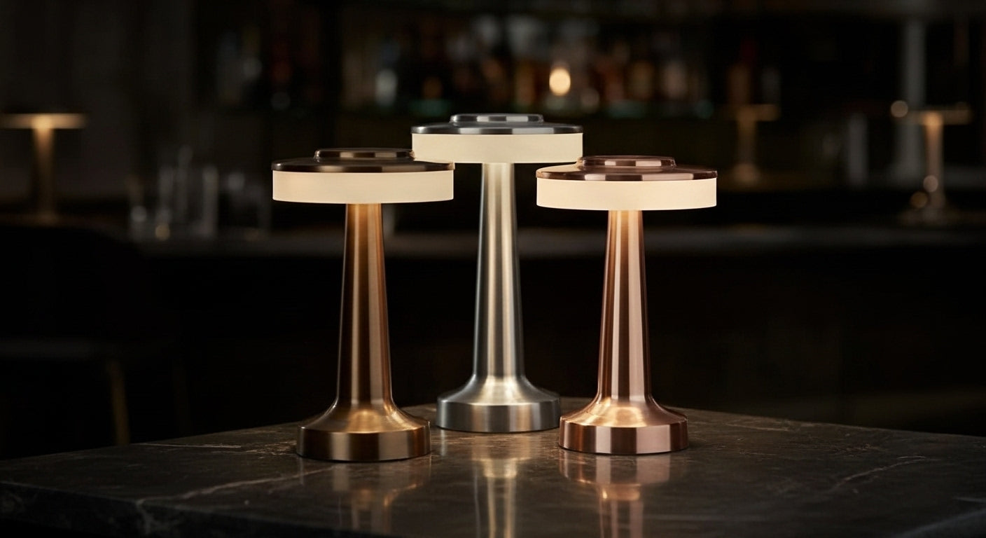 AuraGlow Cordless Touch Lamp in finish, dimmable with 3 colour modes. VelunaLumin.