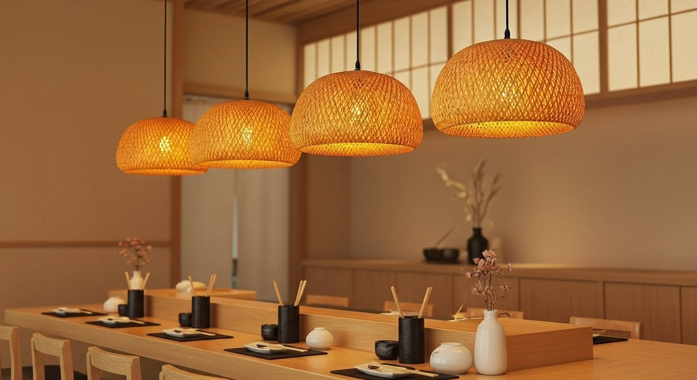 Three ZenWeave 'Tiered Serenity' bamboo pendants hanging over a modern sushi bar, casting a warm, inviting light and creating an authentic, serene oriental atmosphere. VelunaLum