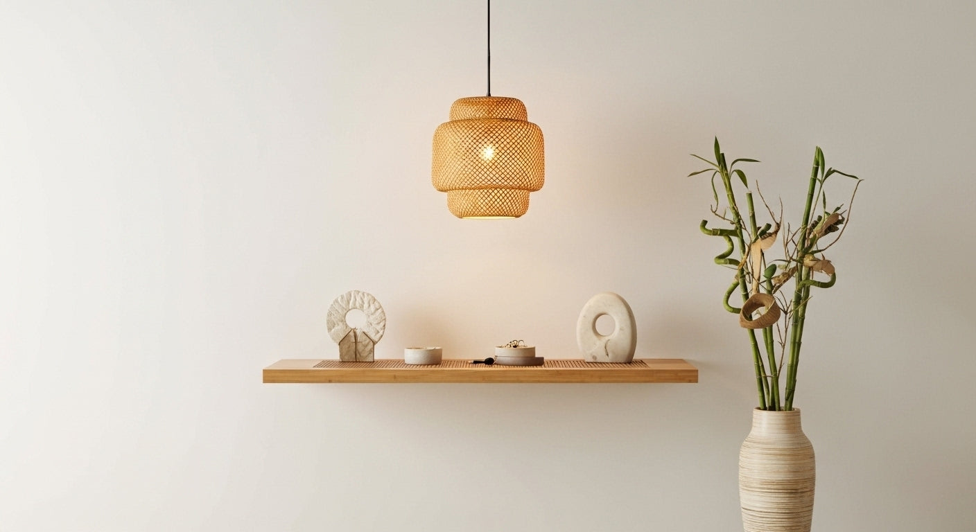 A ZenWeave 'Tiered Serenity' bamboo pendant providing soft, textured light for a cozy reading nook, perfectly complementing the natural and comfortable decor. VelunaLumin.