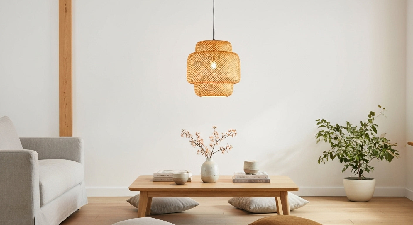 A welcoming entryway featuring a ZenWeave 'Harmony Dome' bamboo pendant light above a minimalist console table, creating a warm and natural first impression. VelunaLumin.