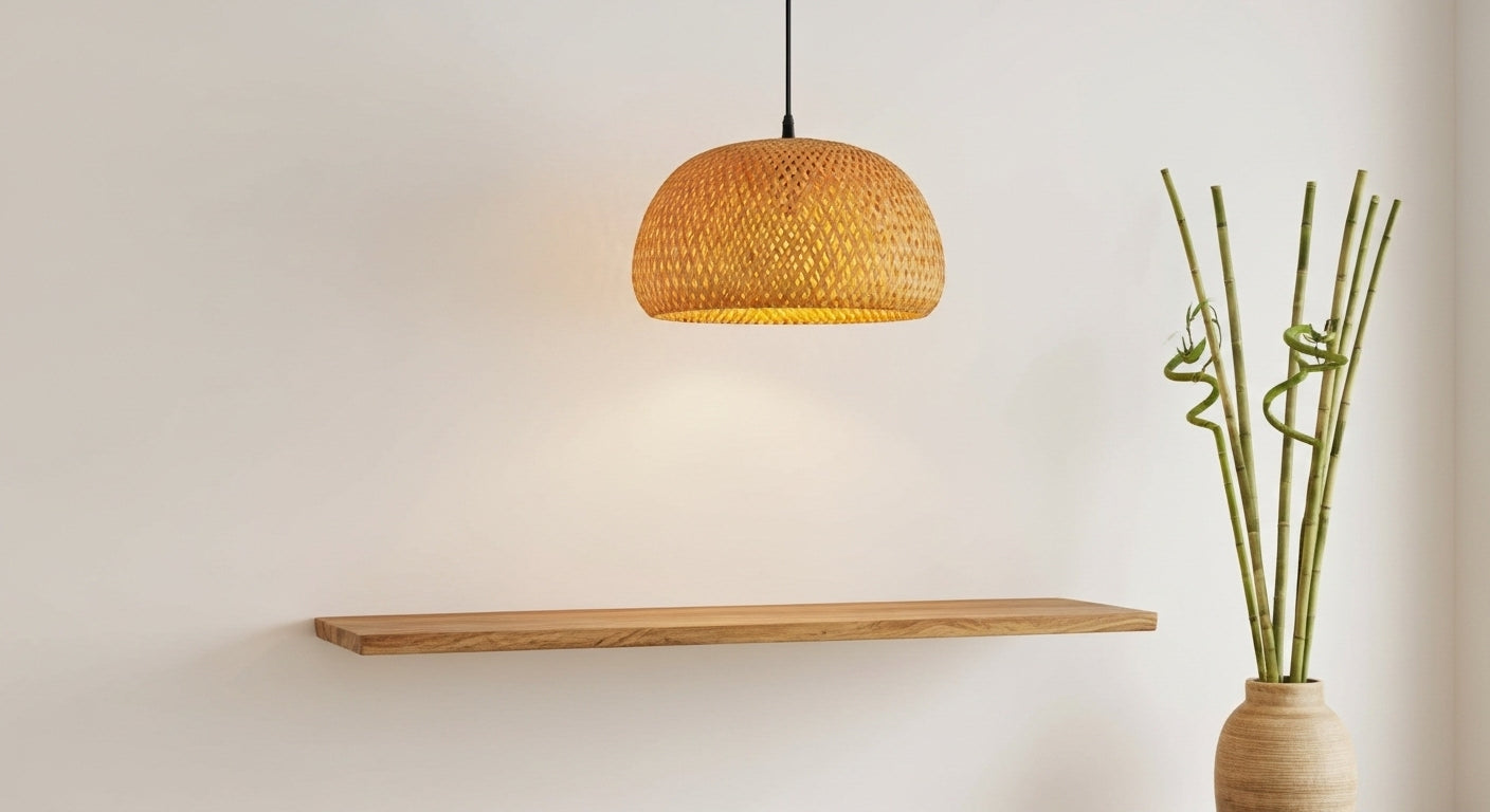 A ZenWeave bamboo pendant providing soft, textured light for a cozy reading nook, perfectly complementing the natural and comfortable decor. VelunaLumin.