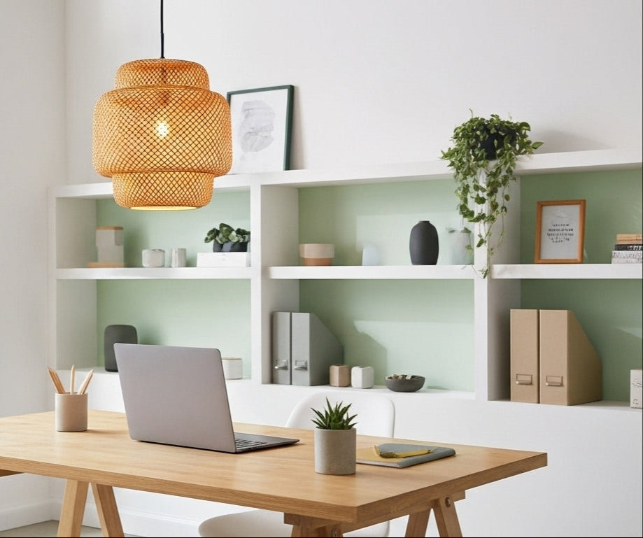 A ZenWeave bamboo pendant light centered over a clean home office desk, offering a calm, diffused light ideal for a productive Zen-like workspace. VelunaLumin.