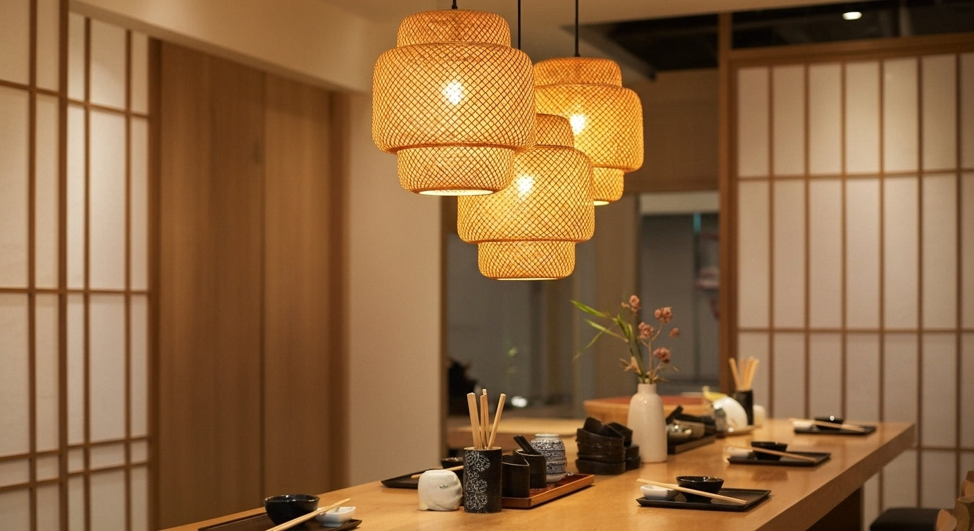 Three ZenWeave 'Tiered Serenity' bamboo pendants hanging over a modern sushi bar, casting a warm, inviting light and creating an authentic, serene oriental atmosphere. VelunaLumin.