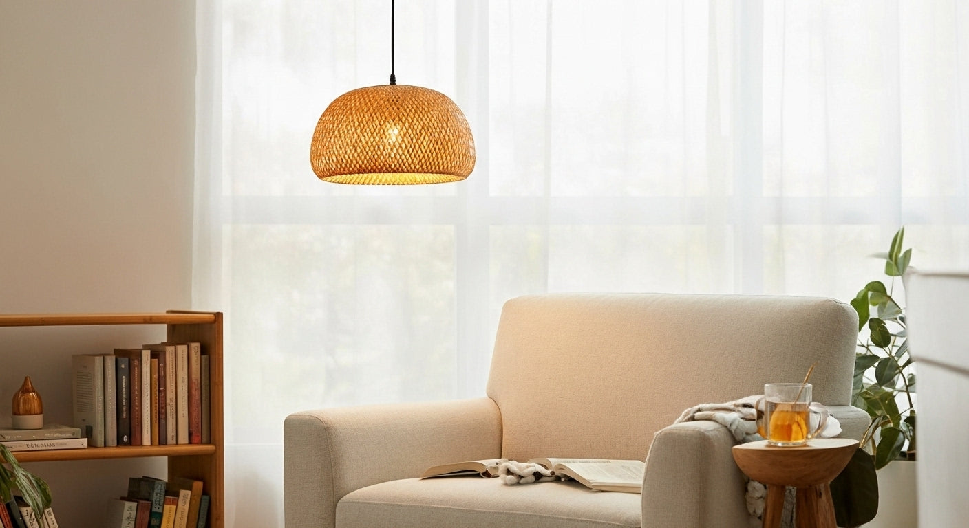 A ZenWeave 'Tiered Serenity' bamboo pendant illuminating a calm meditation corner in a modern bedroom, with its layered design casting peaceful patterns of light. VelunaLumin.