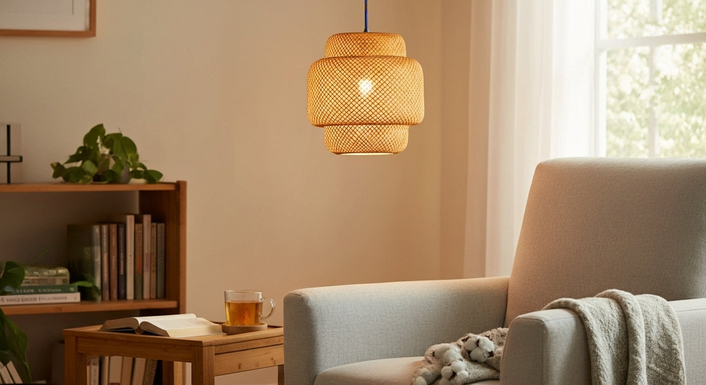A ZenWeave bamboo pendant light suspended over a low coffee table in a minimalist, Japanese-style living room, providing a soft, natural ambient glow. VelunaLumin.