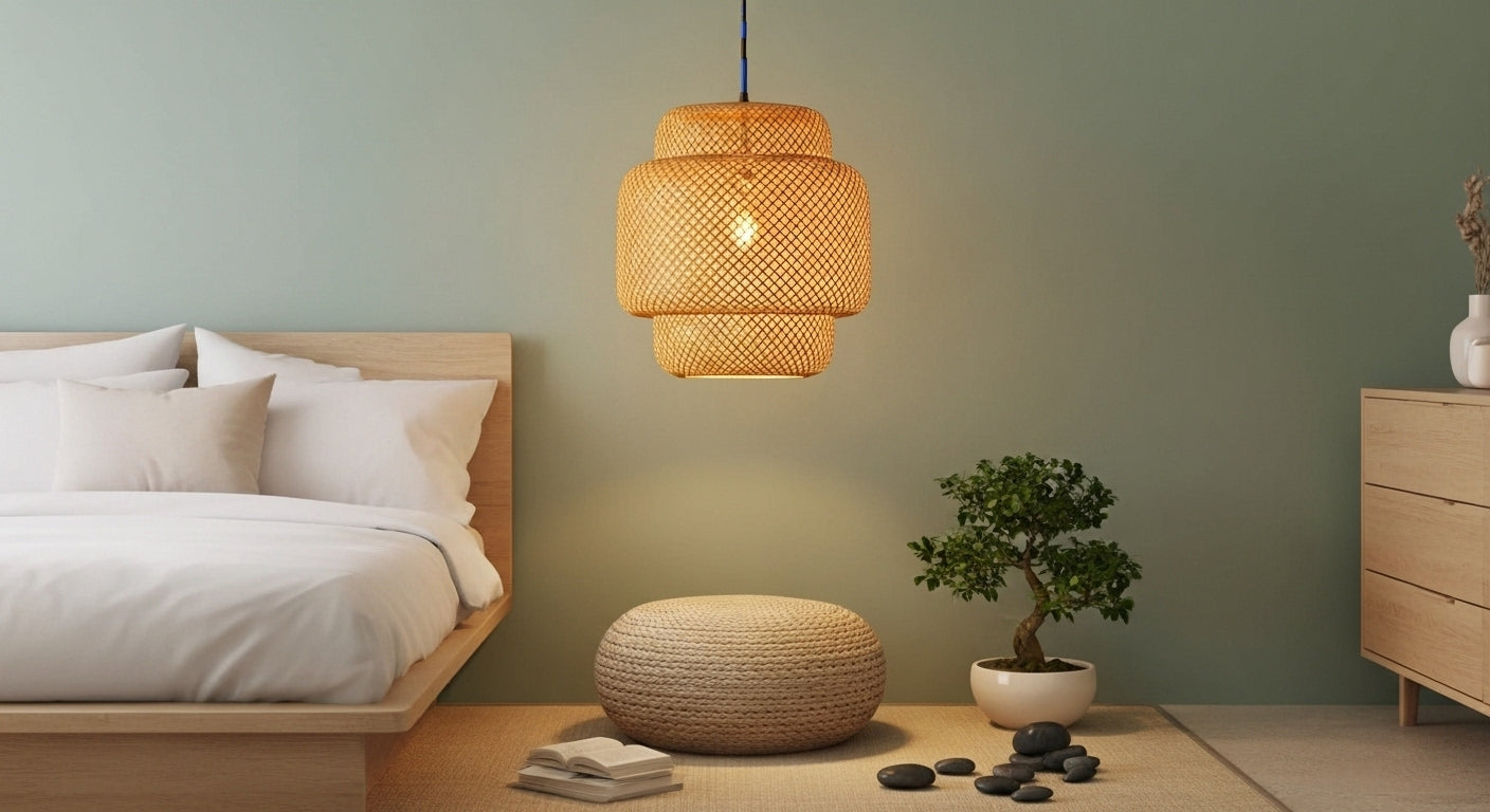 A ZenWeave 'Tiered Serenity' bamboo pendant illuminating a calm meditation corner in a modern bedroom, with its layered design casting peaceful patterns of light. VelunaLumin.