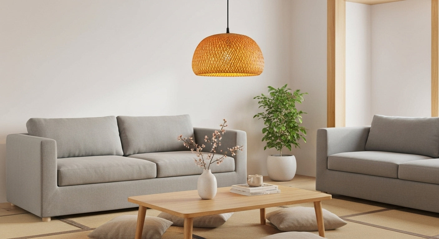 A welcoming entryway featuring a ZenWeave 'Harmony Dome' bamboo pendant light above a minimalist console table, creating a warm and natural first impression. VelunaLumin.