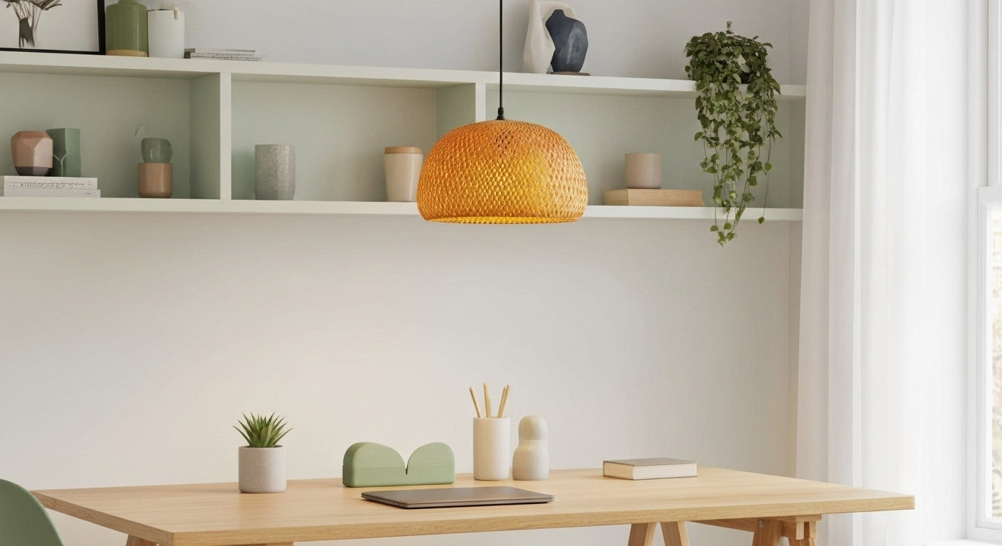 A ZenWeave 'Harmony Dome' bamboo pendant light centered over a clean home office desk, offering a calm, diffused light ideal for a productive Zen-like workspace. VelunaLumin.