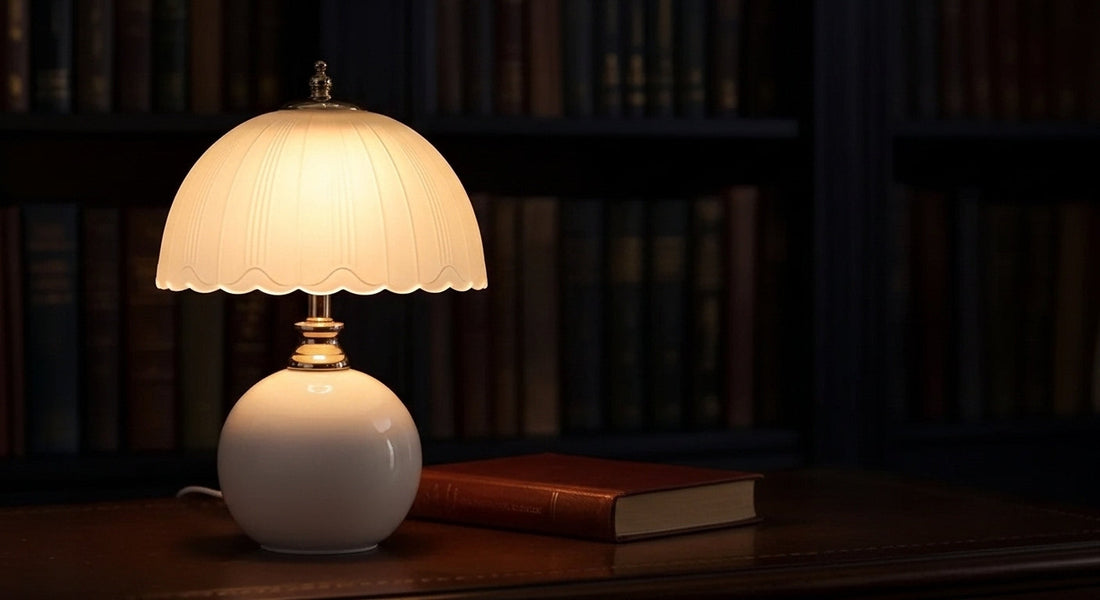 A VelunaLumin NouveauGlow Murano-Style Mushroom Lamp in Creamy White, glowing warmly on a dark antique desk, showcasing its artisanal striped-glass design.
