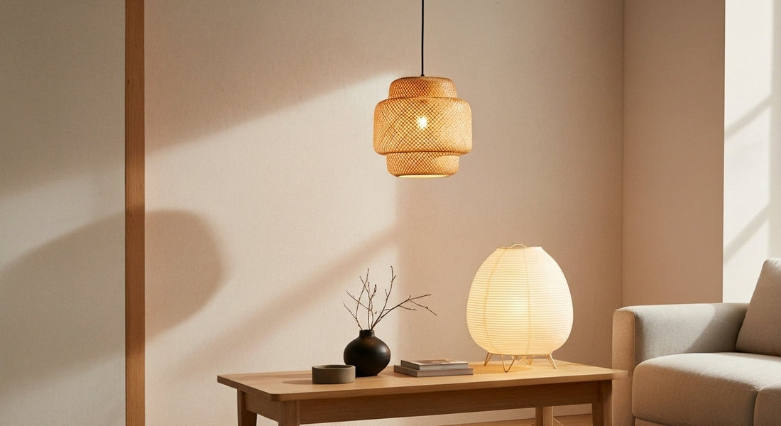 A serene Japandi living room featuring a VelunaLumin ZenWeave 'Harmony Dome' bamboo pendant light casting a warm glow over a minimalist light-wood coffee table