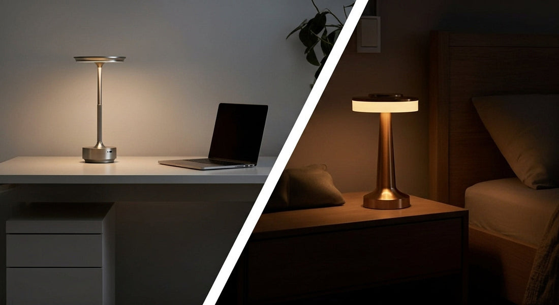 A split-screen image showing the VelunaLumin AuraElara lamp. On the left, it casts a bright, cool white light for focus in an office. On the right, it casts a soft, warm dim light as a bedside night light for sleep.