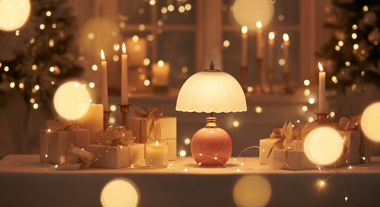 VelunaLumin's "The Glow of Giving" holiday banner, showing a cozy Christmas scene with LuminaGrace pendant lights creating a magical, warm atmosphere.