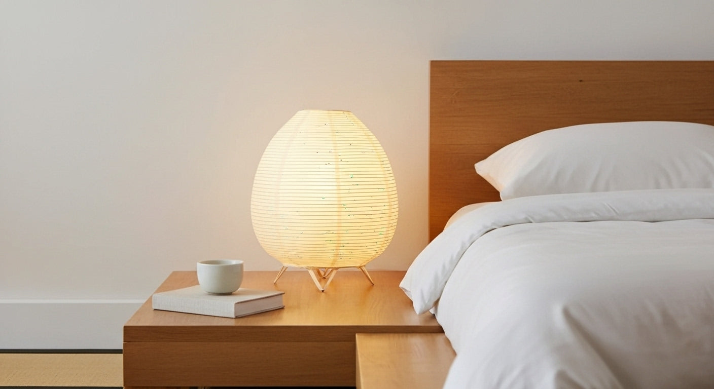 Akari Rice Paper Table Lamp on a minimalist bedside table, providing a serene and cozy ambient light in a modern Japandi-style bedroom. VelunaLumin.