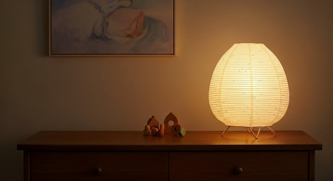 Akari Rice Paper Table Lamp on a minimalist bedside table, providing a serene and cozy ambient light in a modern Japandi-style bedroom. VelunaLumin.