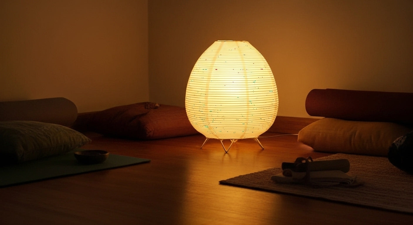 Akari Rice Paper Table Lamp on a minimalist bedside table, providing a serene and cozy ambient light in a modern Japandi-style bedroom. VelunaLumin.
