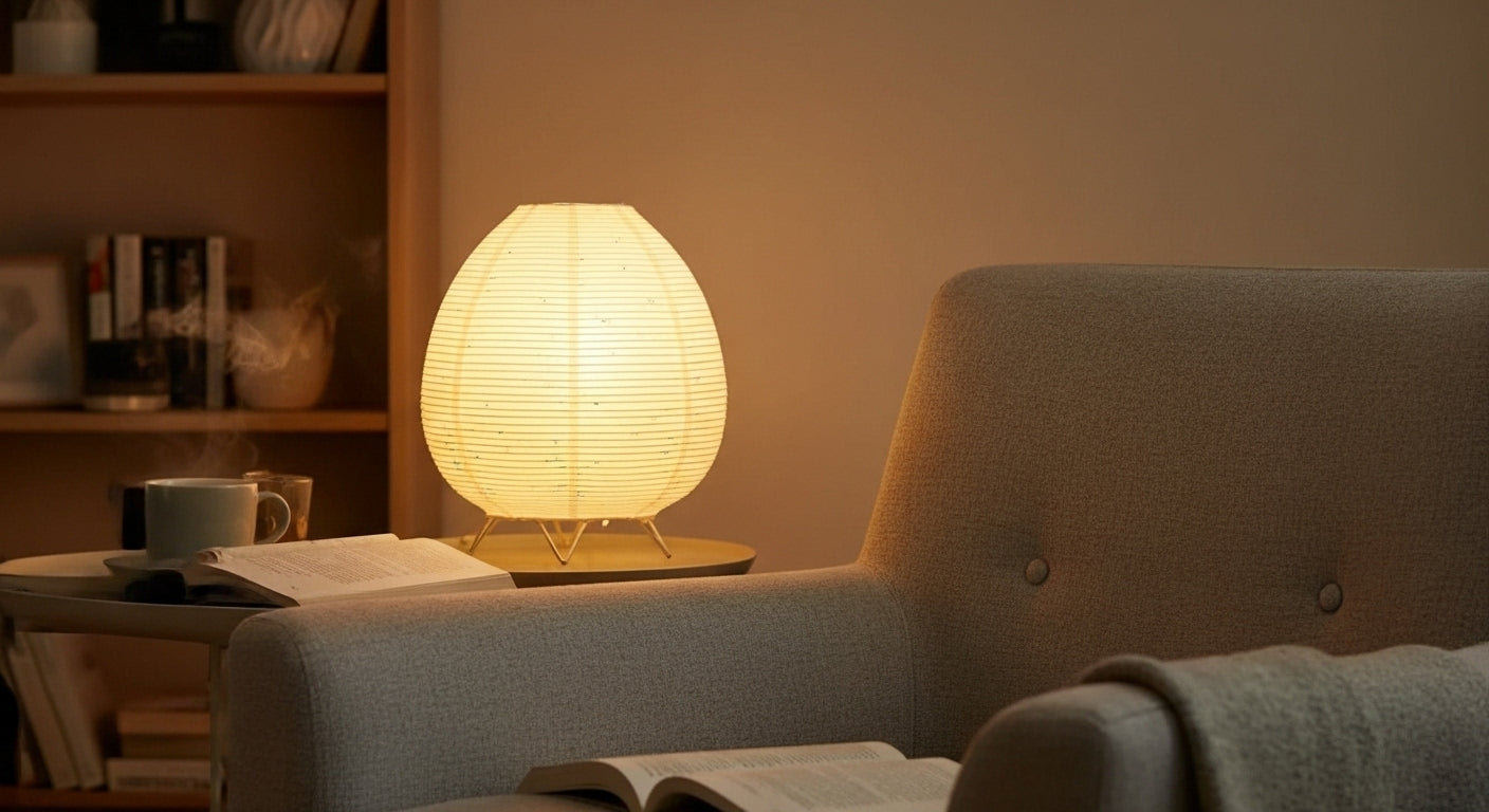 Akari Rice Paper Table Lamp on a minimalist bedside table, providing a serene and cozy ambient light in a modern Japandi-style bedroom. VelunaLumin.