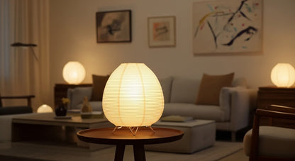 Akari Rice Paper Table Lamp as a decorative centerpiece on a living room side table, adding a touch of minimalist, organic artistry. VelunaLumin.