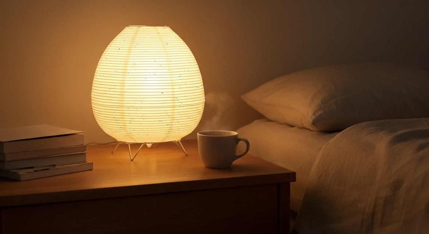 Akari Rice Paper Table Lamp on a minimalist bedside table, providing a serene and cozy ambient light in a modern Japandi-style bedroom. VelunaLumin