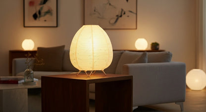 Akari Rice Paper Table Lamp as a decorative centerpiece on a living room side table, adding a touch of minimalist, organic artistry. VelunaLumin.