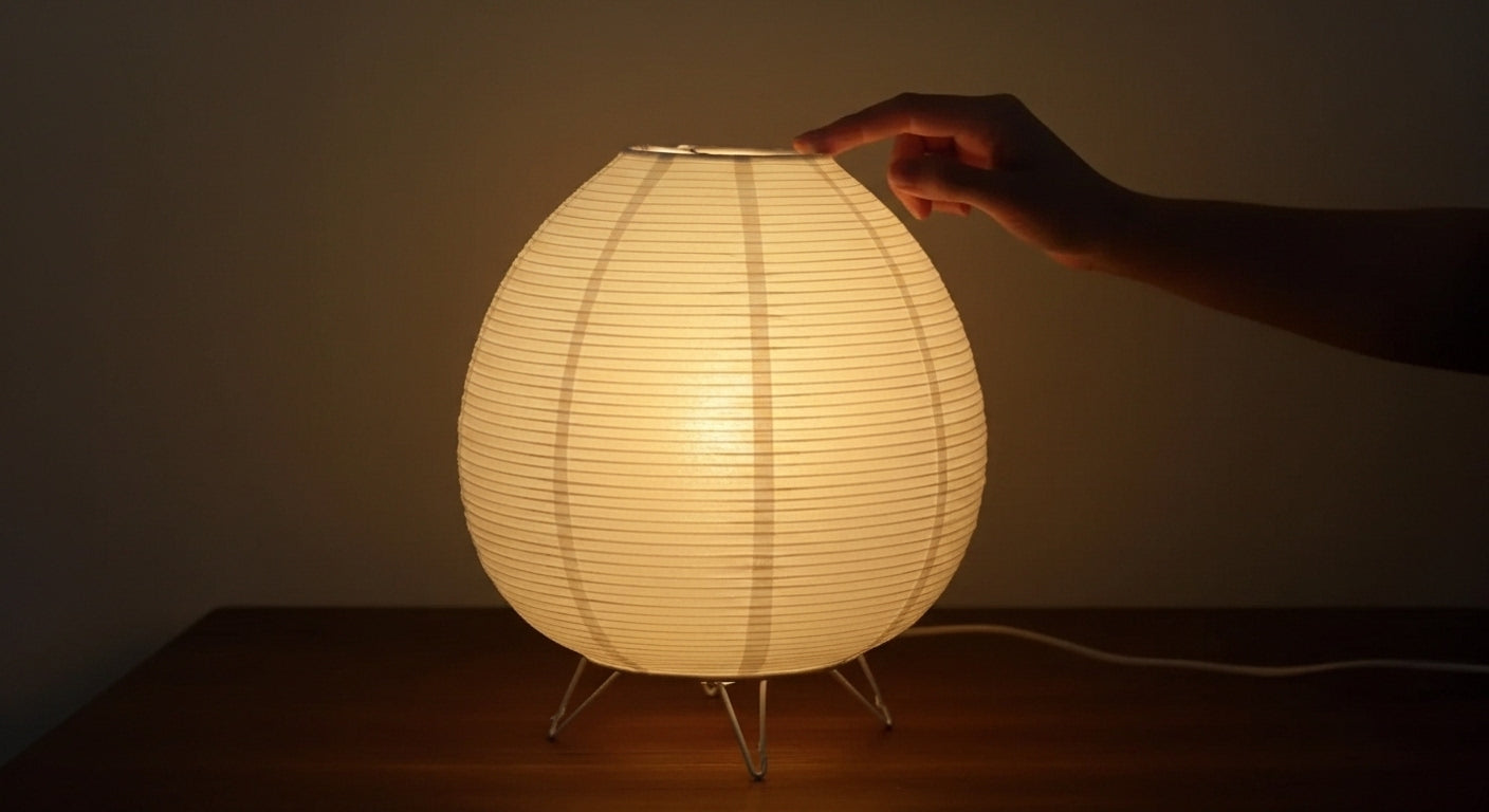 Close-up of the Akari Rice Paper Lamp, showcasing the delicate texture of the handcrafted rice paper shade and its unique, sculptural form. VelunaLumin.