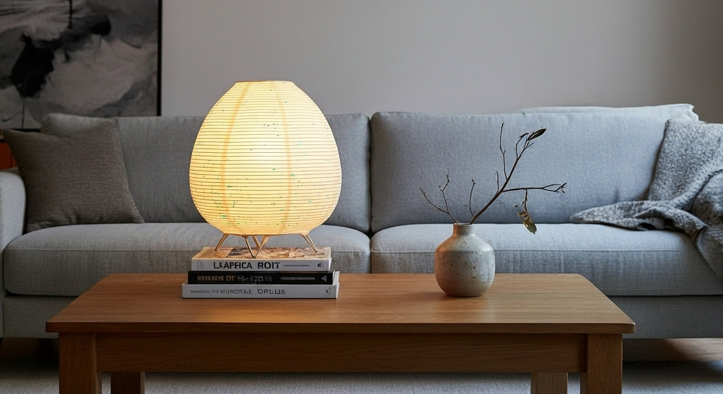 Akari Rice Paper Table Lamp as a decorative centerpiece on a living room side table, adding a touch of minimalist, organic artistry. VelunaLumin.