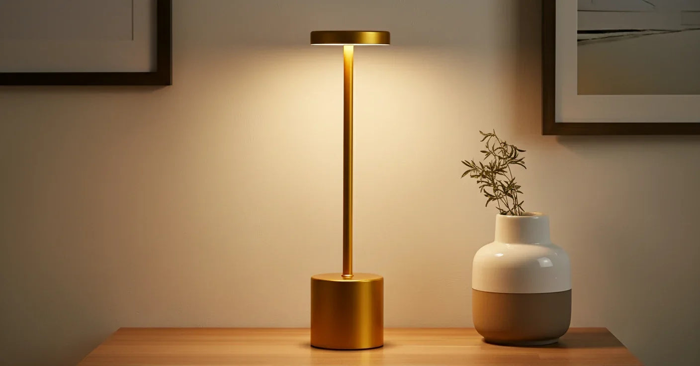 Atelier rechargeable metal touch lamp in gold finish.