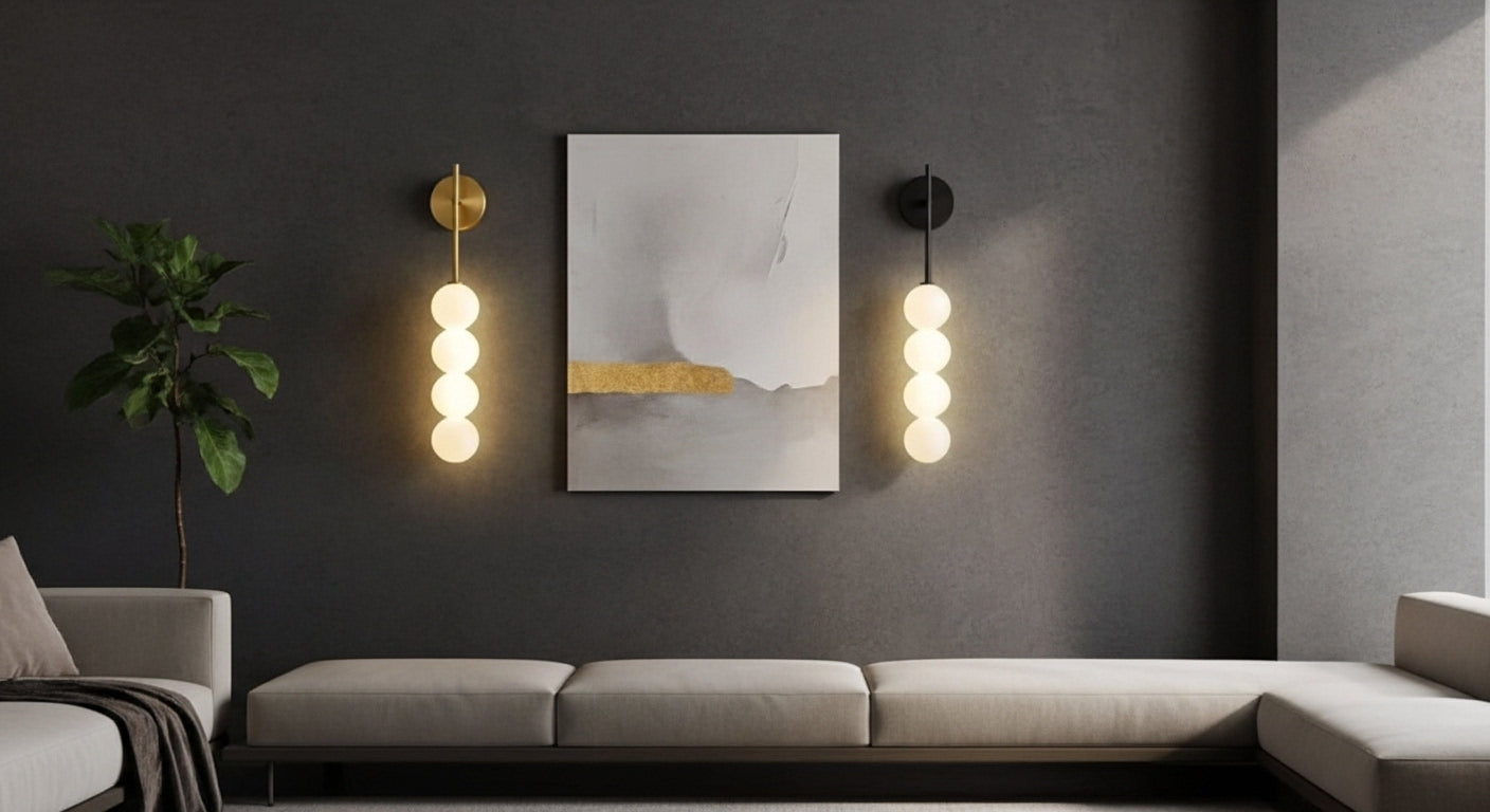 Two AuraBeam Linear Wall Sconces (one Gold, one Black) flanking an abstract artwork in a modern living room, casting architectural 'up & down' light. VelunaLumin.