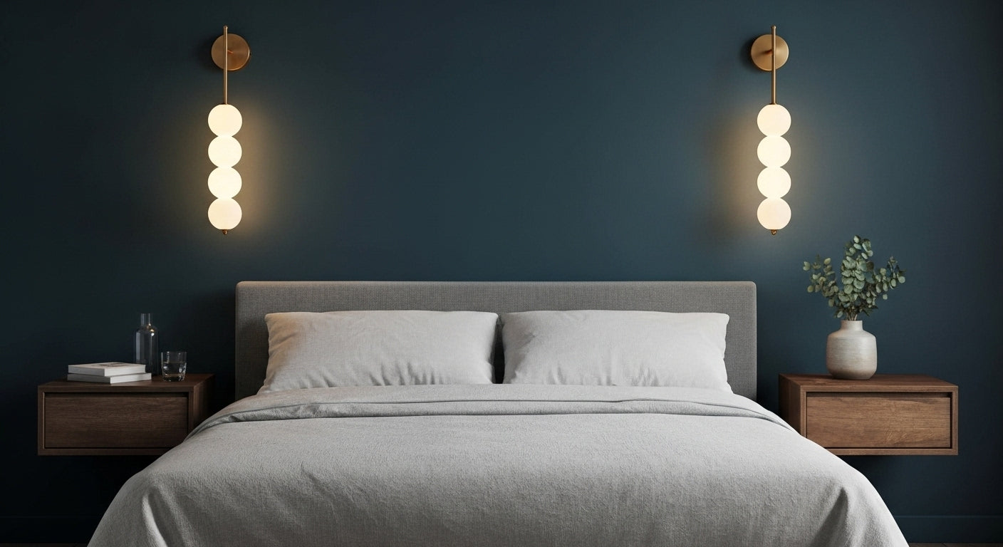 AuraBeam Linear Wall Sconce in Gold mounted beside a bed, providing a sophisticated and warm ambient glow in a contemporary bedroom. VelunaLumin.