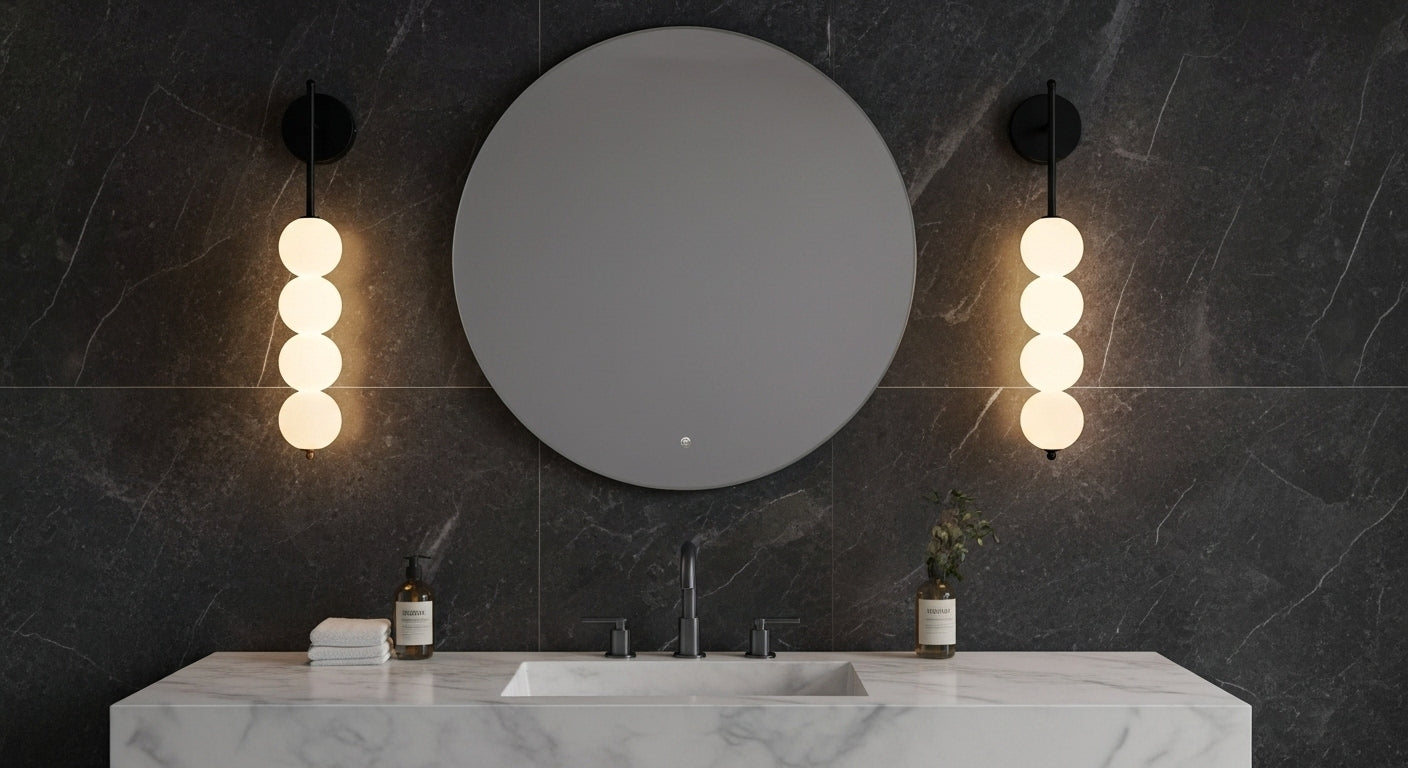 AuraBeam Linear Wall Sconce in Matte Black, a modern 'up & down' LED wall lamp with a perforated metal body. VelunaLumin.