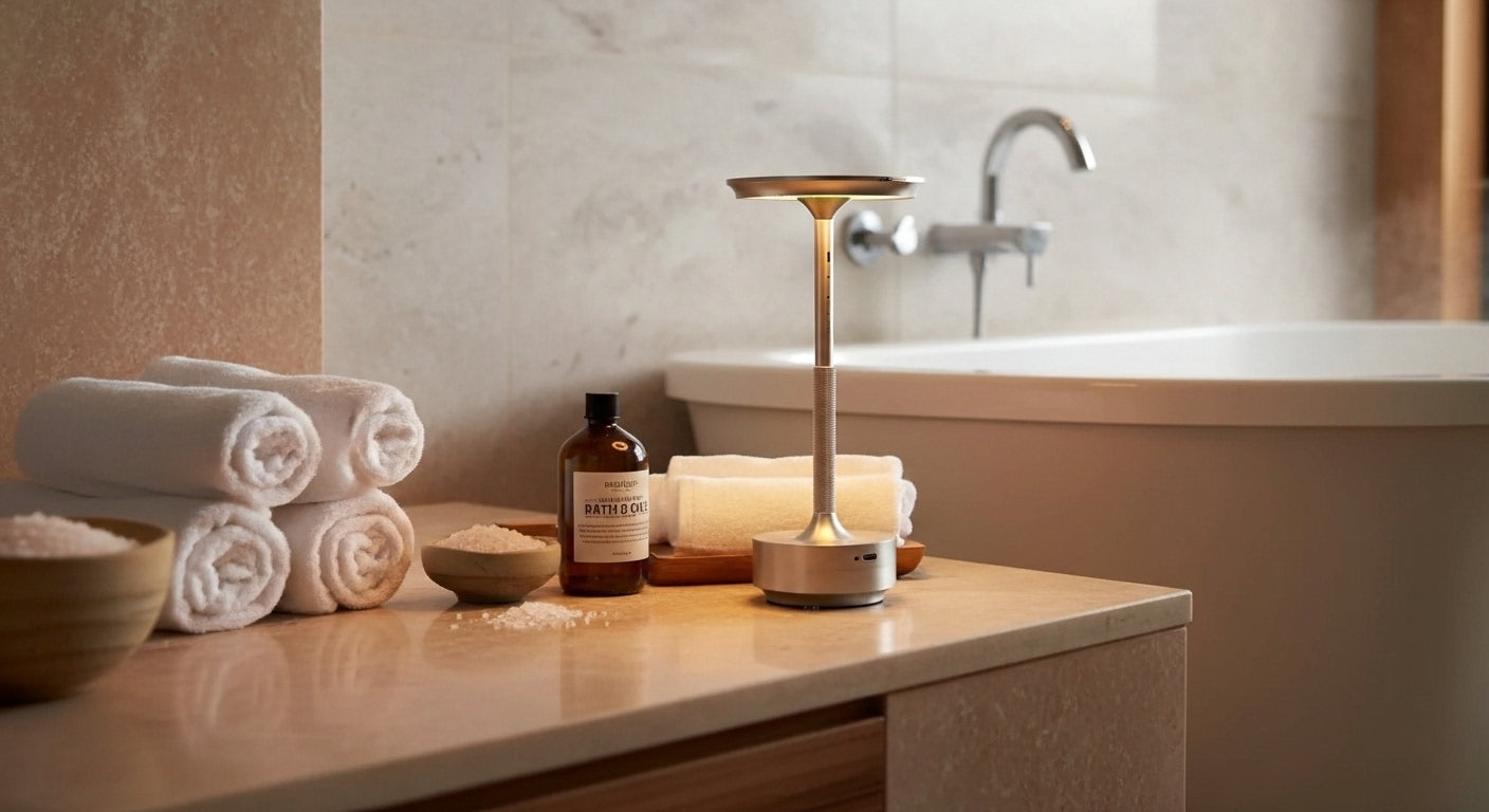 AuraElara Cordless Table Lamp in Polished Silver aluminum, a dimmable and rechargeable modern LED light with touch control. VelunaLumin.