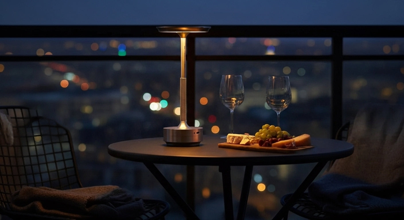 AuraElara Cordless Table Lamp in Brushed Gold aluminum, a dimmable and rechargeable modern LED light with touch control. VelunaLumin.