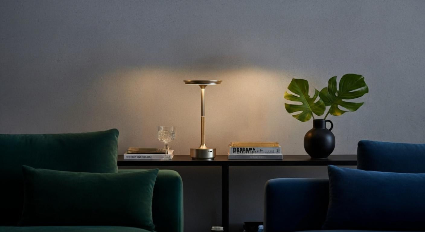 AuraElara Cordless Table Lamp in Polished Silver aluminum, a dimmable and rechargeable modern LED light with touch control. VelunaLumin