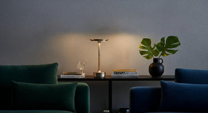 AuraElara Cordless Table Lamp in Polished Silver aluminum, a dimmable and rechargeable modern LED light with touch control. VelunaLumin