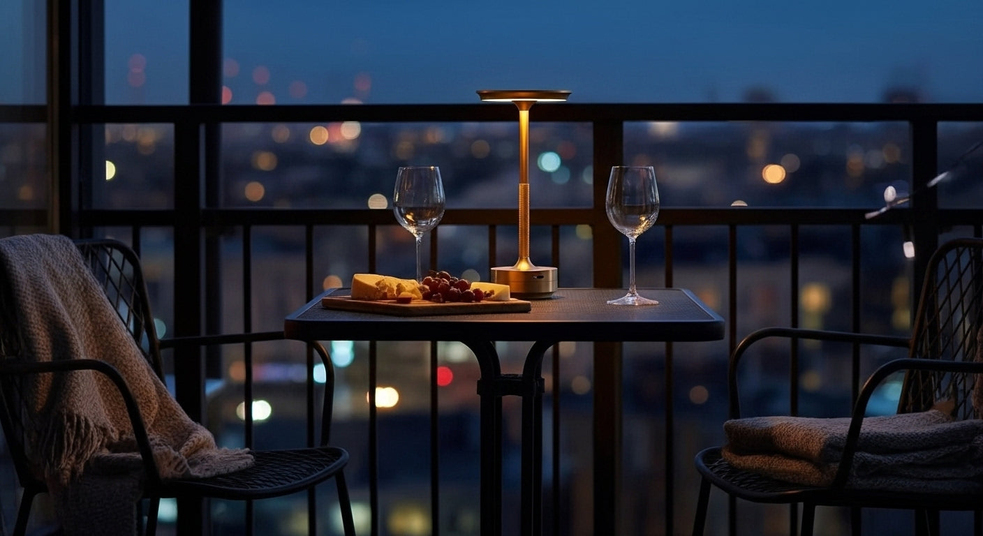 AuraElara Cordless Table Lamp in Brushed Gold aluminum, a dimmable and rechargeable modern LED light with touch control. VelunaLumin.