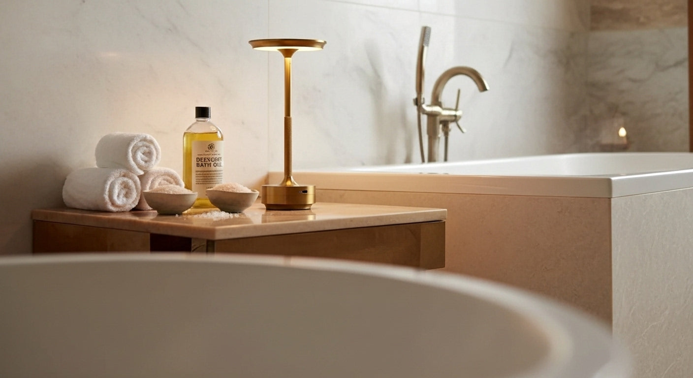 AuraElara Cordless Table Lamp in Brushed Gold aluminum, a dimmable and rechargeable modern LED light with touch control. VelunaLumin.