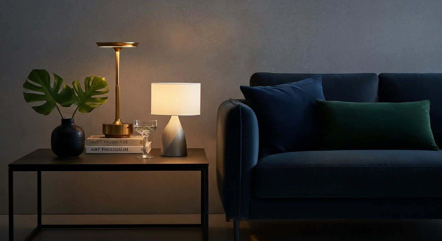 AuraElara Cordless Table Lamp in Brushed Gold aluminum, a dimmable and rechargeable modern LED light with touch control. VelunaLumin.