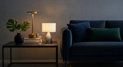AuraElara Cordless Table Lamp in Brushed Gold aluminum, a dimmable and rechargeable modern LED light with touch control. VelunaLumin.