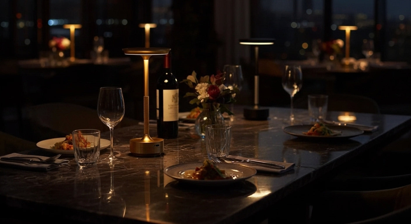 AuraElara Cordless Table Lamp in Gold casting a warm, intimate glow over a luxury dining table setting at night. VelunaLumin.
